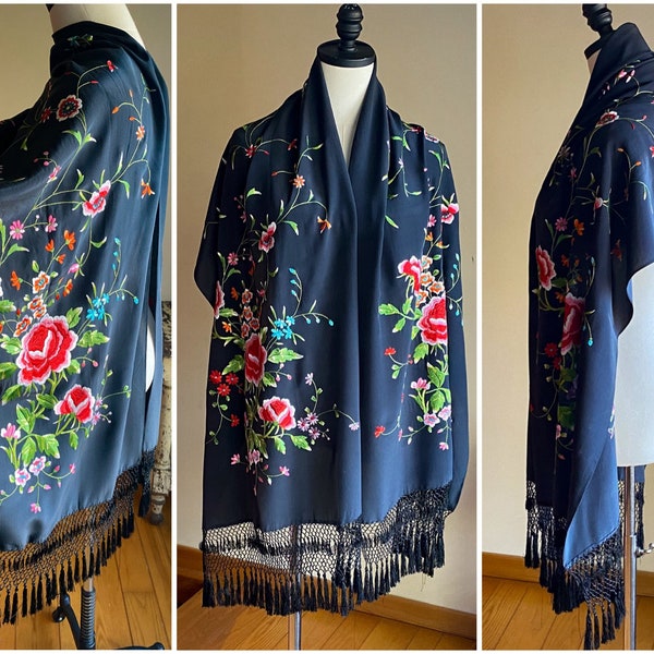 Vintage black embroidered piano shawl multicolor floral fringe evening wrap // 78” x 20”