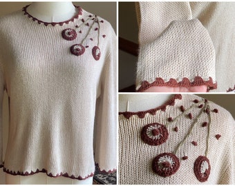 Vintage 50’s knit top beige lightweight pullover brown applied flowers Carol Brent // 40” bust