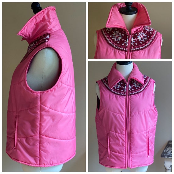 Vintage 80’s fair isle puffer vest hot pink snowf… - image 1
