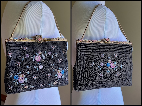 Vintage 30’s black beaded evening bag blue pink f… - image 1