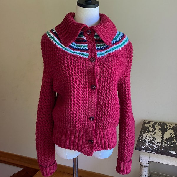 Vintage 60’s yoke sweater red white blue & green preppy cardigan BIG collar // 40” bust