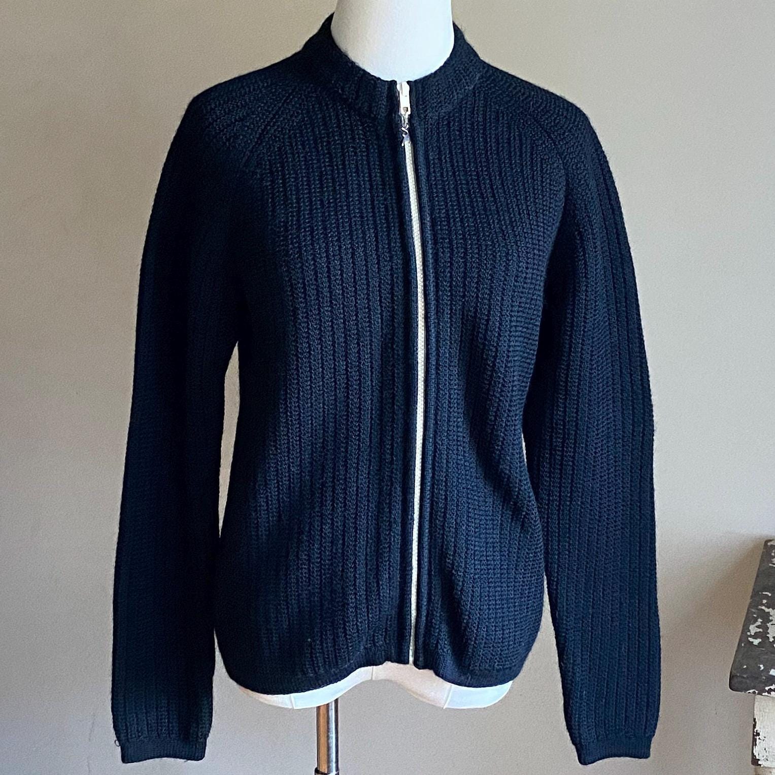Vintage 70's Black Zip Cardigan Wide Ribbed Wool White Stag