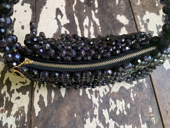 Vintage 60’s beaded crochet purse black & purple … - image 8