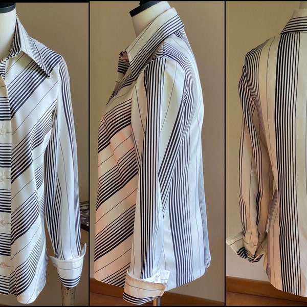 Vintage 70’s blouse dagger collar flip cuff black & ivory chevron stripe Joanna // 38” bust