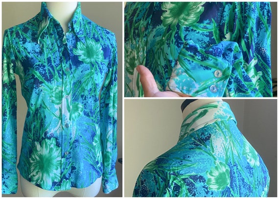 Vintage 70’s blouse blue & green mod floral print… - image 1