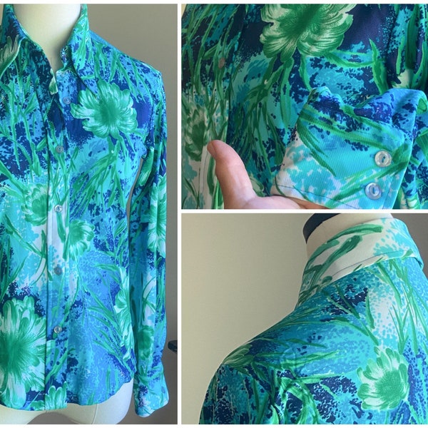 Vintage 70’s blouse blue & green mod floral print dagger collar // 35” bust