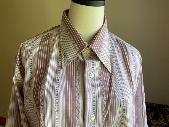 Vintage 70’s dagger collar dress shirt brown & wh… - image 3