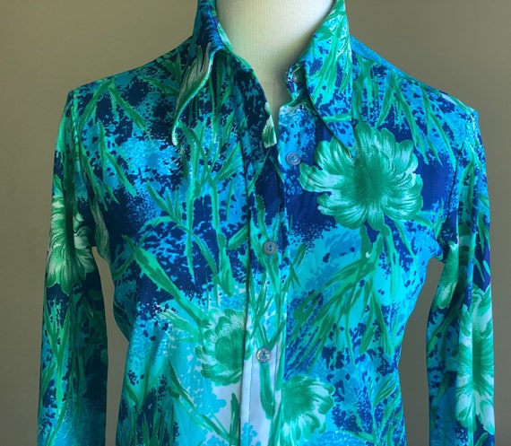 Vintage 70’s blouse blue & green mod floral print… - image 3