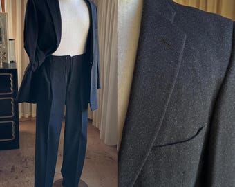 Vintage 50’s dark gray fleck black wool suit pleats & cuffs // 30” waist 38-40 chest