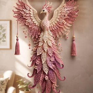 May include: A wall hanging featuring a crocheted phoenix in shades of cream, light pink, and deep magenta. The bird is suspended from a wooden branch with two pink tassels hanging from the sides. The wings and tail are made of intricate leaf-like crochet patterns adorned with small flower accents.