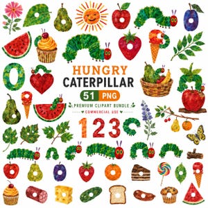 May include: A digital collection of Hungry Caterpillar themed clipart featuring various food items, green caterpillars, leaves, fruits, sweets, and numbers. The central text reads HUNGRY CATERPILLAR 51 PNG PREMIUM CLIPART BUNDLE COMMERCIAL USE. The graphics have a textured, painted appearance.
