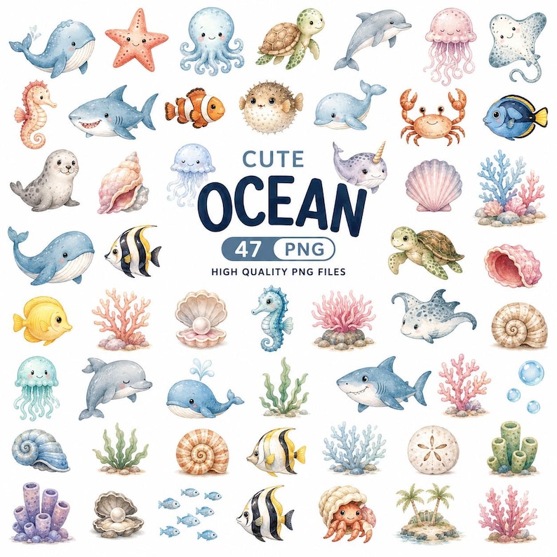 Sea Animals Clipart Bundle, Watercolor Ocean Animal, Marine Creatures ...