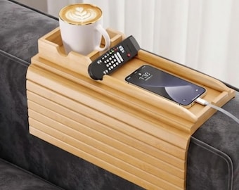 Magnetic Bamboo Sofa Arm Tray with Cup Holder – Anti-Slip Couch Table