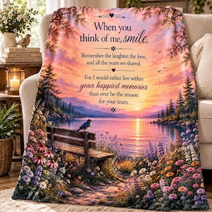 When You Think of Me Smile Velveteen Plush Blanket | Sunset Lake Memorial Scene