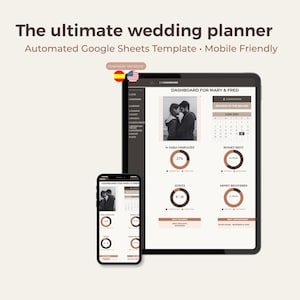 Puede incluir: Un planificador de bodas digital mostrado en la pantalla de una tableta y un teléfono inteligente. La interfaz incluye un panel con la foto de una pareja, un calendario de cuenta regresiva, porcentajes de tareas y gráficos de presupuesto.