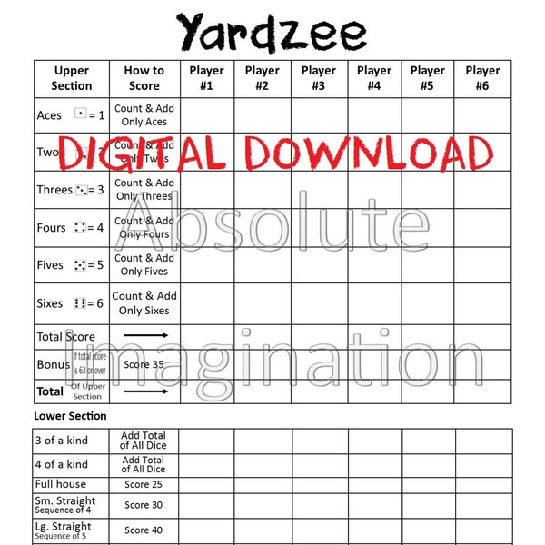 VENTE! IMPRIMABLE. Carte de pointage Yardzee. Conseil Yardzee. Carte de pointage Lawn Yahtzee. Téléchargement numérique