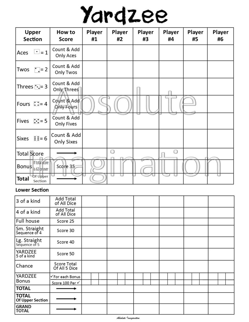 SALE PRINTABLE. Yardzee Score Card. Yardzee Board. Lawn Yahtzee Score