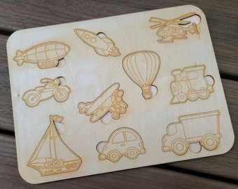 Transportation Puzzle. Things that go Puzzle. Laser cut files. SVG, CDR Glowforge, laser template, laser SVG, laser pattern. Montessori