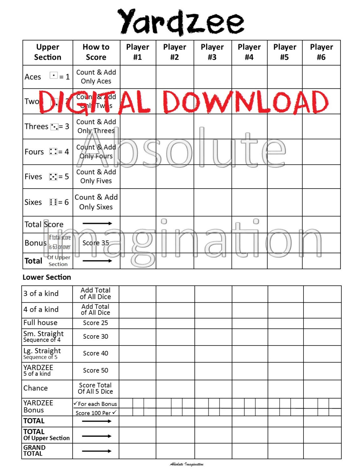 SALE PRINTABLE Yardzee Score Card Yardzee Board Lawn Yahtzee Score SALE PRINTABLE Yardzee Score Card Yardzee Board Lawn Yahtzee Score