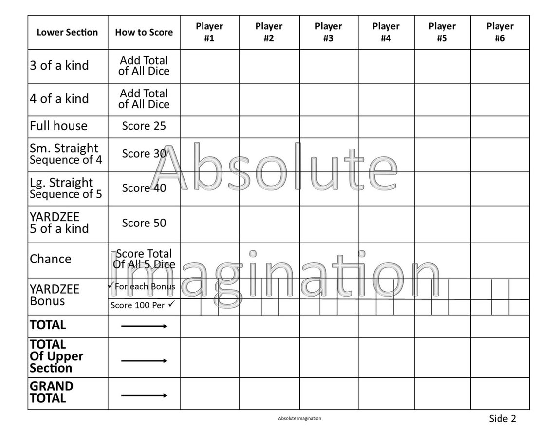 PRINTABLE. LARGE PRINT. Yardzee Score Card. Yardzee Board. Lawn Yahtzee Score Card. Digital ...