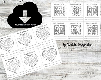 Printable Maze Valentine's Day Cards, Kids Holiday Party, Digital Download, Instant Download