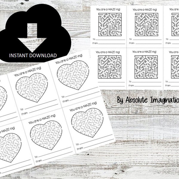 Printable Maze Valentine's Day Cards, Kids Holiday Party, Digital Download, Instant Download