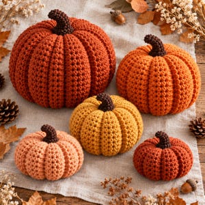 Puede incluir: Cinco calabazas de ganchillo de diferentes tamaños y tonos de naranja y amarillo, cada una con un tallo marrón oscuro. Las calabazas están dispuestas en grupo, mostrando una superficie texturizada y acanalada creada por los puntos.