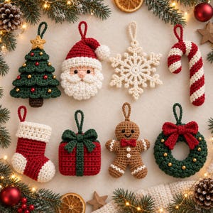 Può includere: Una collezione di otto decorazioni natalizie all'uncinetto che include un albero verde con perline dorate, un volto di Babbo Natale, un fiocco di neve bianco, un bastoncino di zucchero rosso e bianco, una calza rossa, un regalo rosso con fiocco verde, un omino di pan di zenzero e una ghirlanda verde.