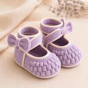 Crochet Baby Booties Pattern PDF: Puff-Stitch Lavender Bow-Wrap Shoes, 0–3 Months