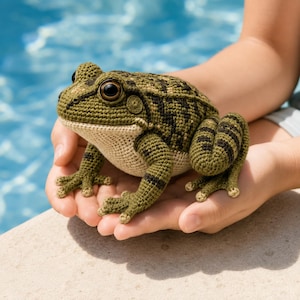 May include: A crocheted frog toy featuring a textured olive green and dark brown patterned back, a cream-colored underbelly, and large dark brown eyes. The stuffed animal has detailed webbed feet and a realistic, rounded body shape.