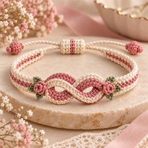 May include: A macrame bracelet featuring an infinity symbol design crafted from cream and dusty rose cord. The bracelet includes two small, detailed rose motifs in dusty rose with green leaves, and an adjustable sliding knot closure with two small knotted ends.