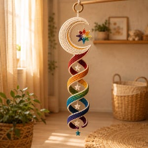 May include: A hanging crochet mobile featuring a cream-colored crescent moon at the top, followed by a long, spiraling rainbow-colored tail. A multi-colored star hangs from the moon, and four small white stars are suspended within the spiral.