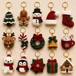 Julklappsmönster för virkad nyckelring, 15 mini-amigurumi-dekorationsmönster, julklappsväskeberlocker, PDF-nedladdning