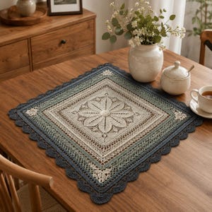 May include: A square crochet doily featuring a central floral motif in cream, transitioning into shades of sage green and dark blue toward the scalloped edges. The intricate needlework displays a geometric pattern with openwork details throughout.