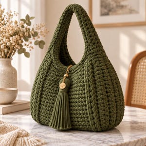 Könnte beinhalten: Eine olivgrüne gehäkelte Handtasche mit einem dicken, strukturierten Maschenmuster und einem einzelnen integrierten Griff. Eine passende olivgrüne Quaste hängt an einer goldfarbenen Kette mit einem kleinen runden Anhänger mit Baummotiv.