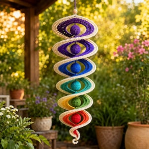 May include: A hanging spiral mobile crafted from crocheted yarn, featuring a series of concentric oval shapes in a rainbow colour gradient. Each oval section contains a solid crocheted sphere in the centre, transitioning from purple to red.