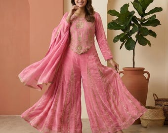 Rosa Seidentop mit Palazzo-Dupatta: Indo-Western-bestickter indischer Hochzeits-Salwar-Anzug für festliche Anlässe
