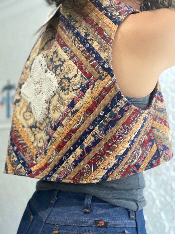 1970s Boho Patchwork Chevron Quilted Granny Vest-F
