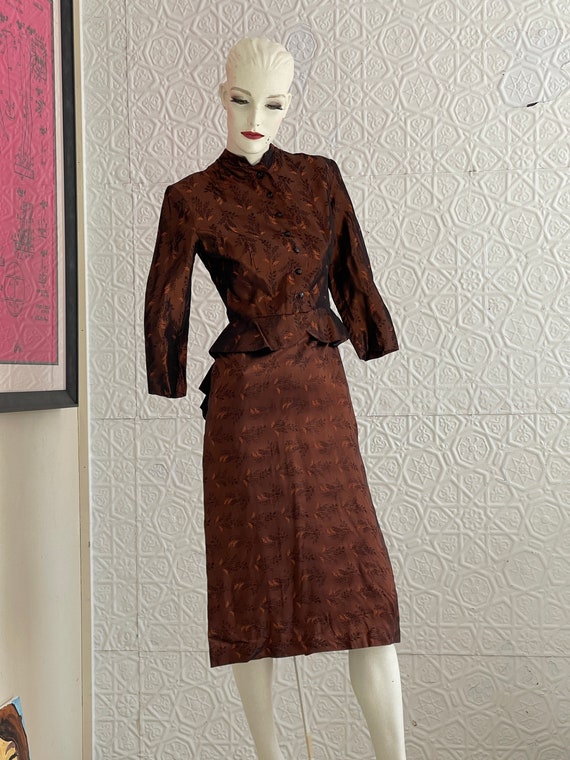 1930s/1940s silk peplum dress-brown-Boack-Floral-e