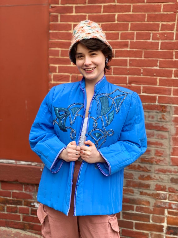 True Blue Satin Bed Jacket-1980s Vintage Embellis… - image 7