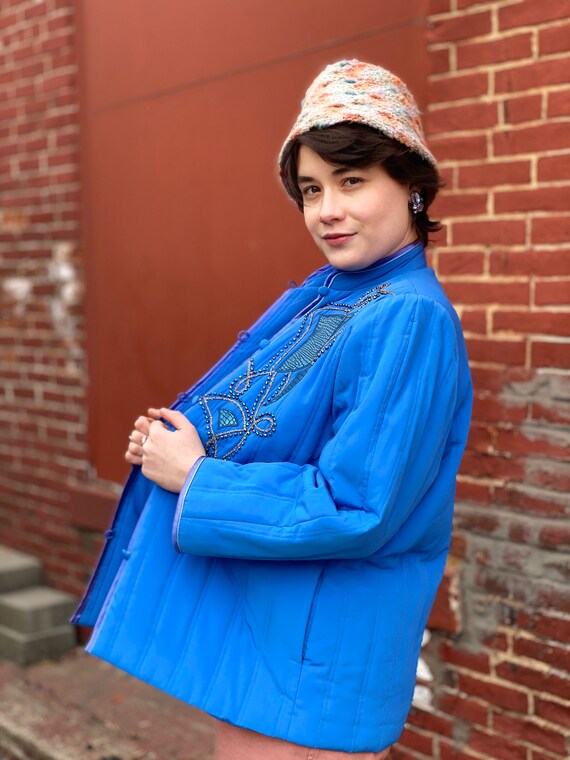 True Blue Satin Bed Jacket-1980s Vintage Embellis… - image 3