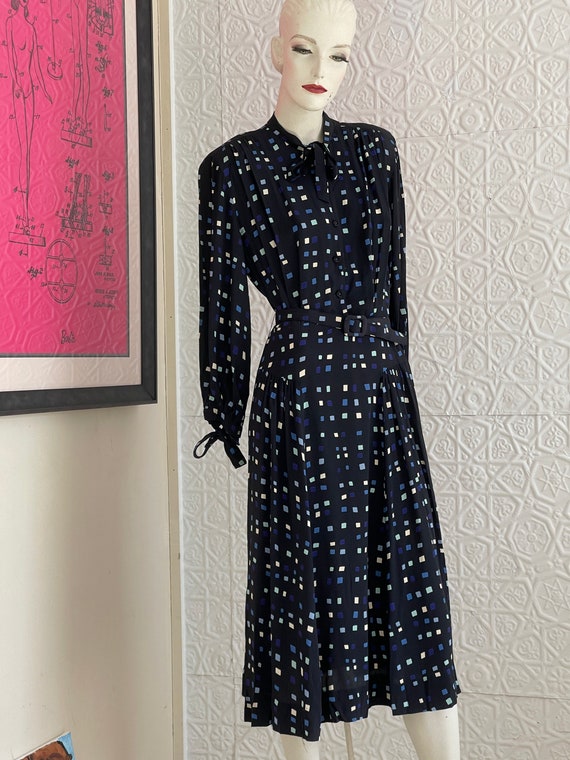 1940s Cold Rayon daydress-dress-midi-navy blue-gra