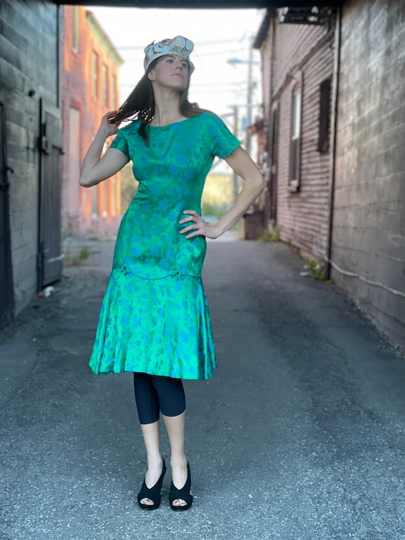 Midcentury Mermaid Green-Blue-Floral Silk Evening-