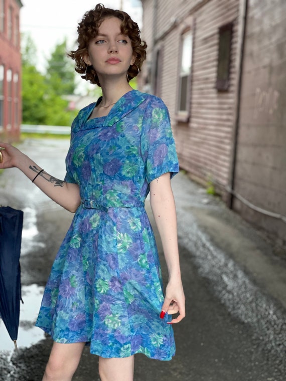 1950s Blue Floral Minidress-daydress-dress-Blue Se