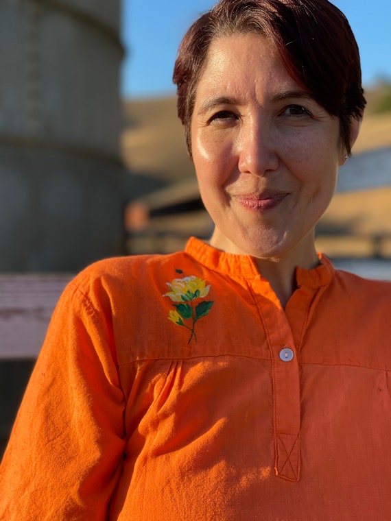 Vintage Orange Cotton shift dress-Hand-painted ye… - image 3