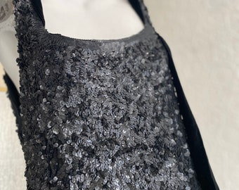 Antique Black Evening Gown-Full Sequin LaceMesh-1920s 1930s Floor Length Deco Gown-Velvet-Net-Rhinestones-Satin Scallop Hem Lined