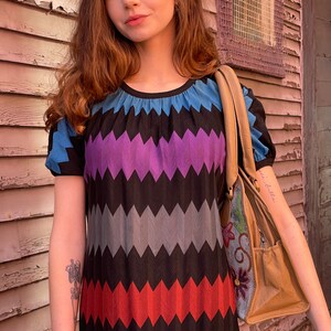 1970s/80s designer Missoni Zig Zag Rainbow Dress-Black-Rust-Purple-Blue-Knitwear-sweater dress-pleats-Small-medium-Pullover-Crewneck-T shirt