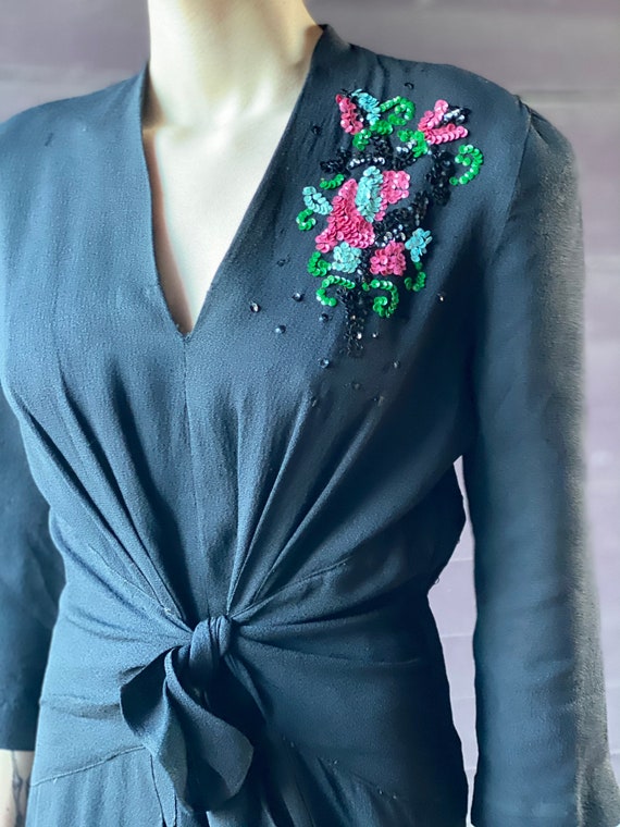 1940s Black Crepe Evening Dress With 