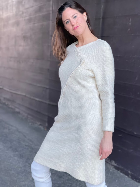 1970s-Vintage White textured Knit Dress-Winter Da… - image 4