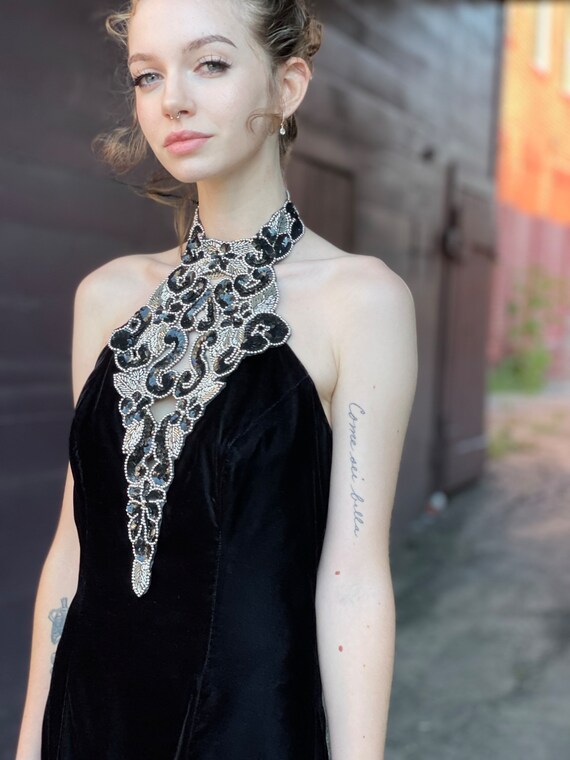 80's/90's Black Velvet Halter with Gold Sheer Overlay Formal Dress main image 0